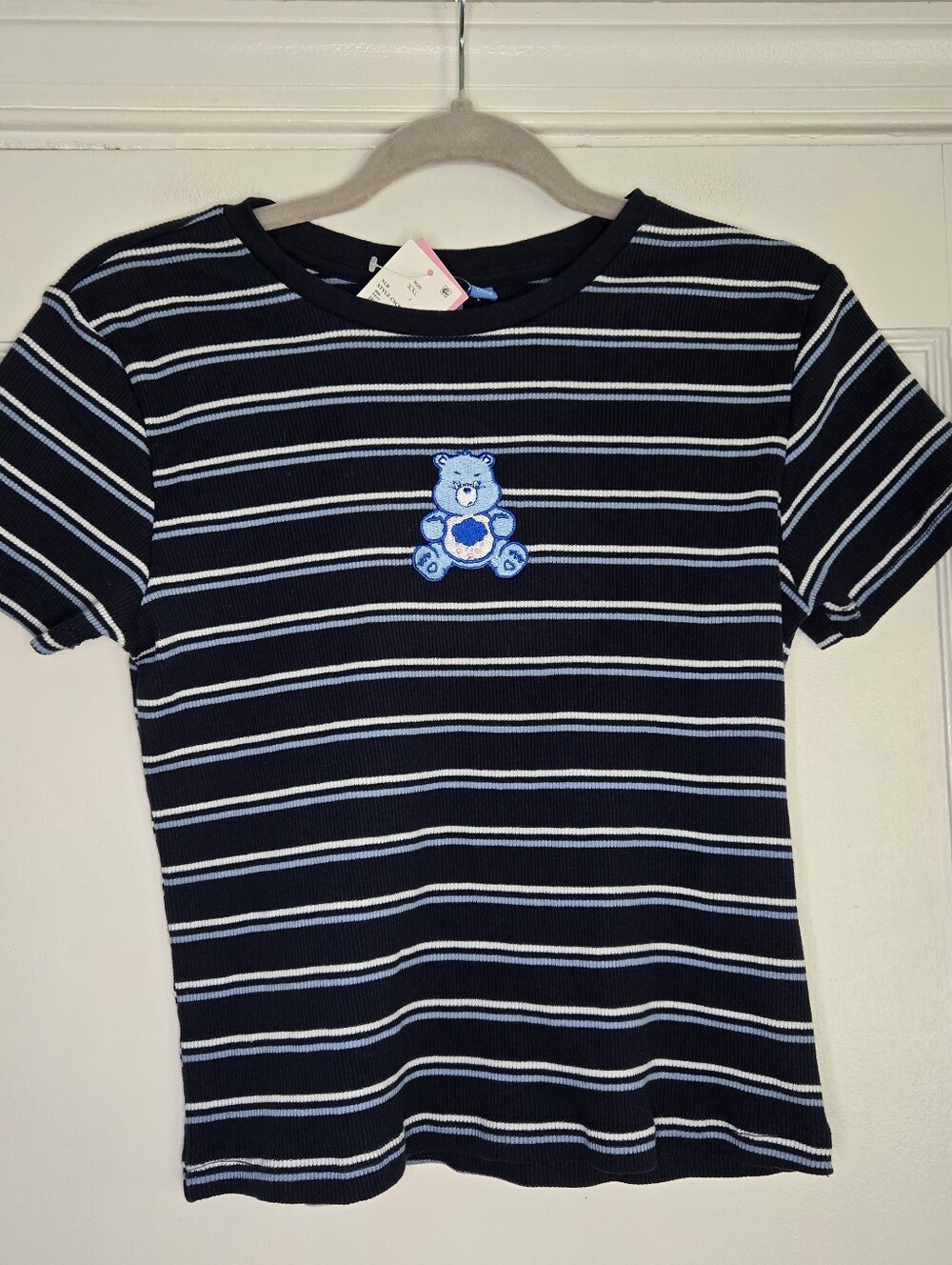 Care Bears Navy, Light Blue & White Striped Ribbed Cropped Tee NWT Women's XXL